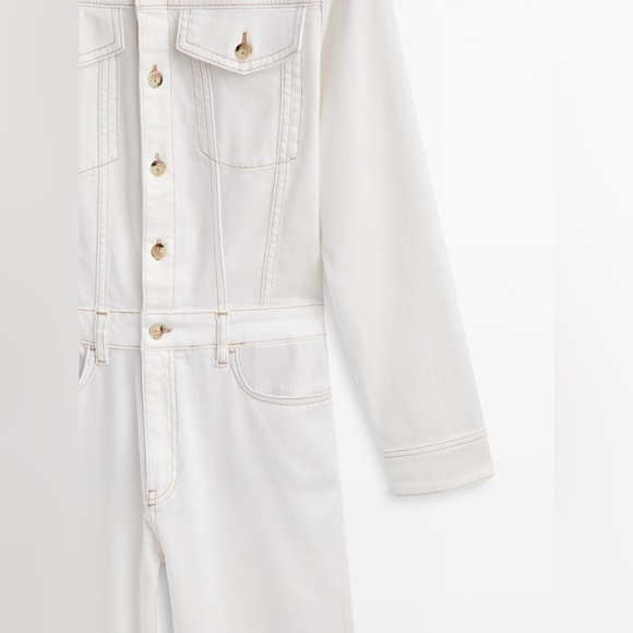 NWT. Massimo Dutti Off White Denim Jumpsuit with Contrast Topstitching. Size S. - Picture 9 of 13